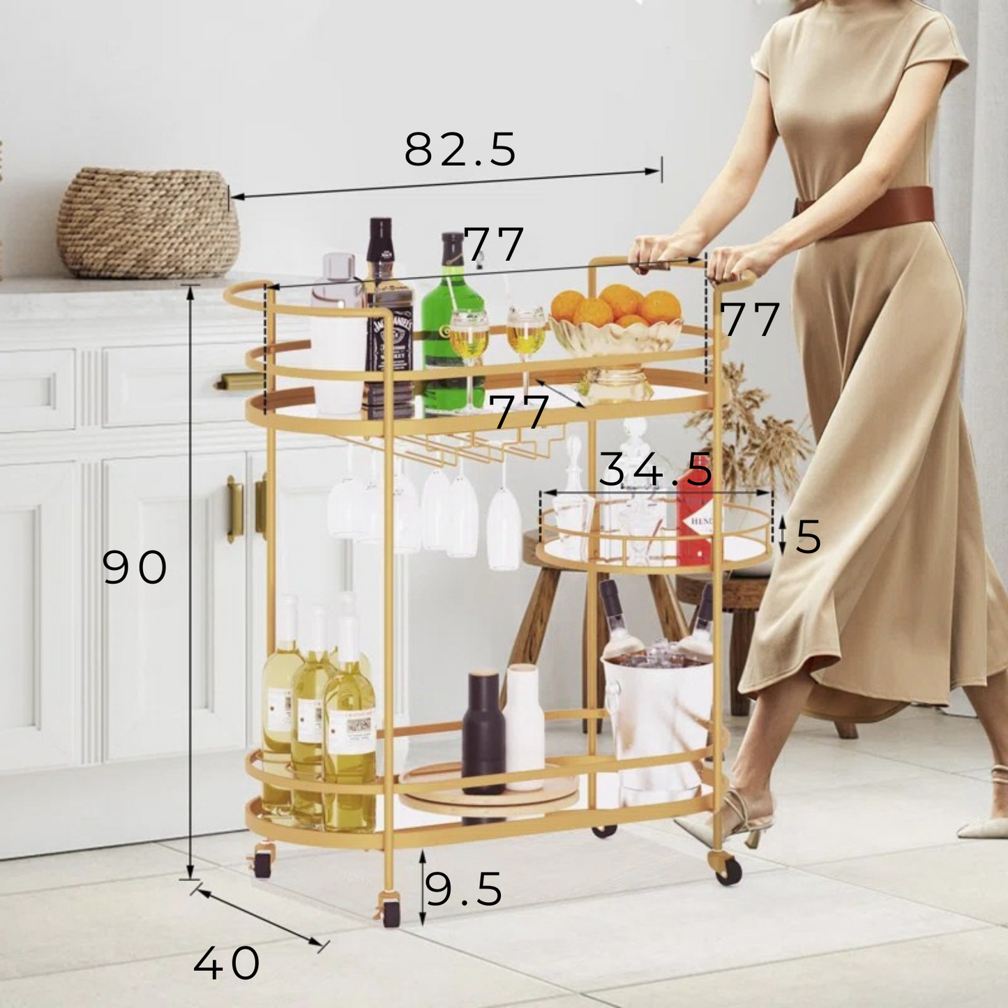 Carrito Bar Dorado de 3 Niveles