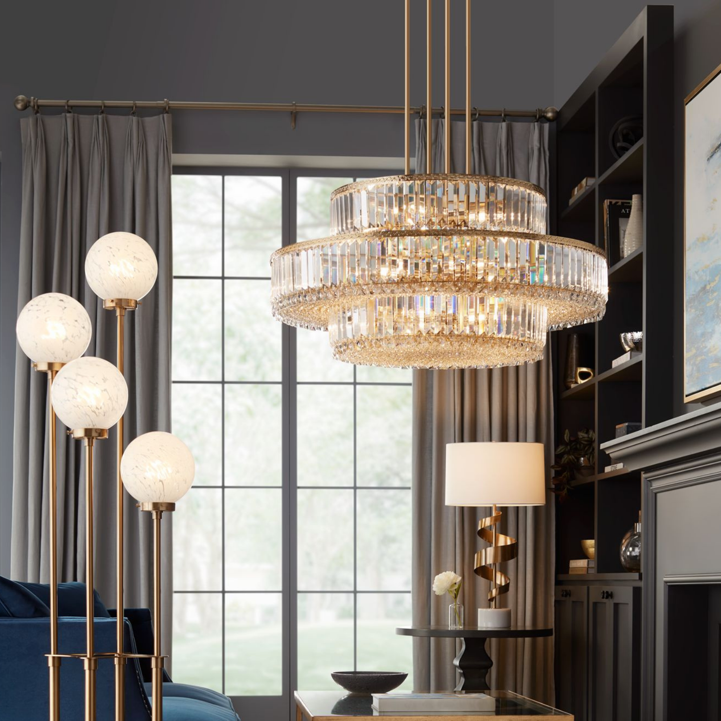 Chandelier / Lámpara Colgante De Tres Niveles Color Oro Suave & Cristal