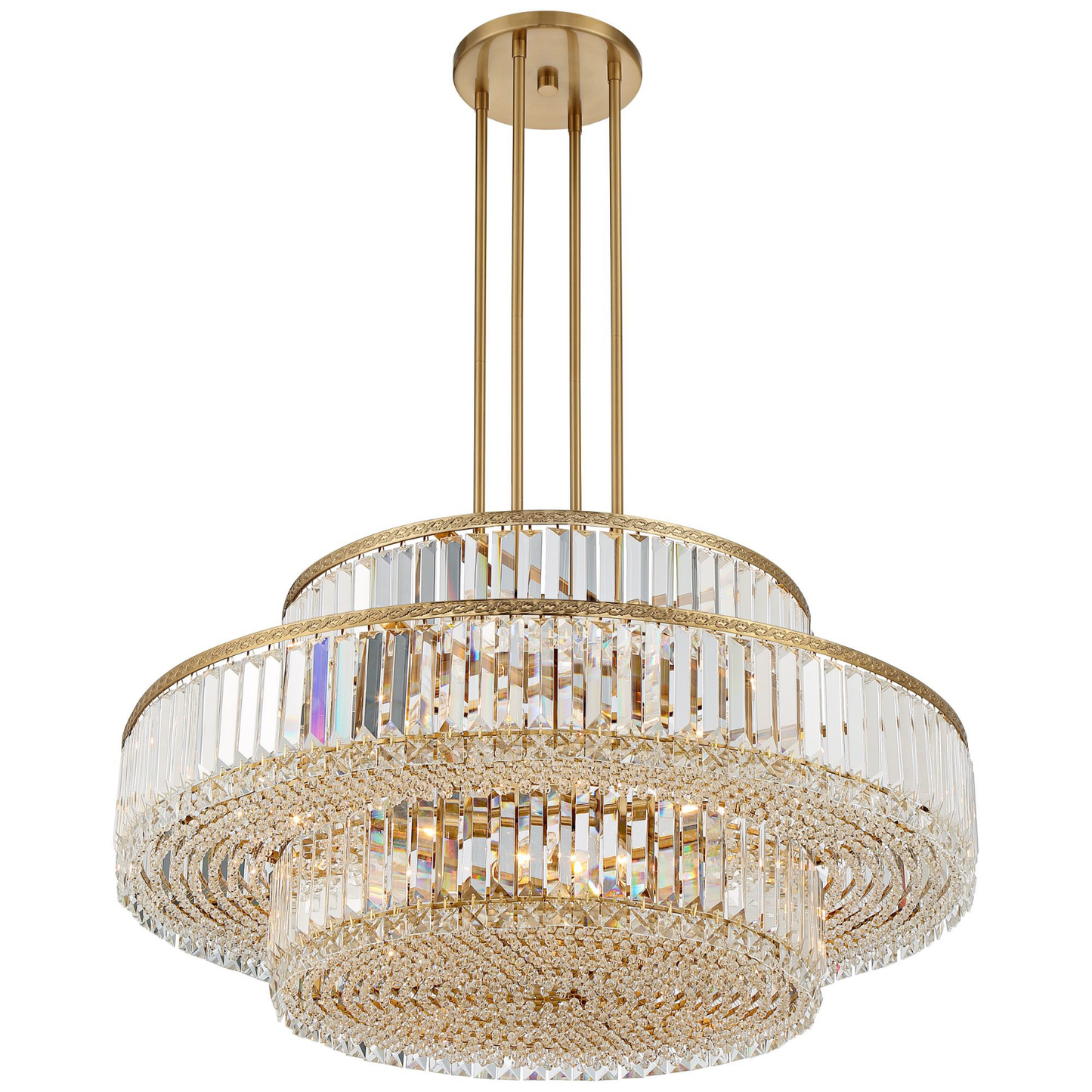 Chandelier / Lámpara Colgante De Tres Niveles Color Oro Suave & Cristal