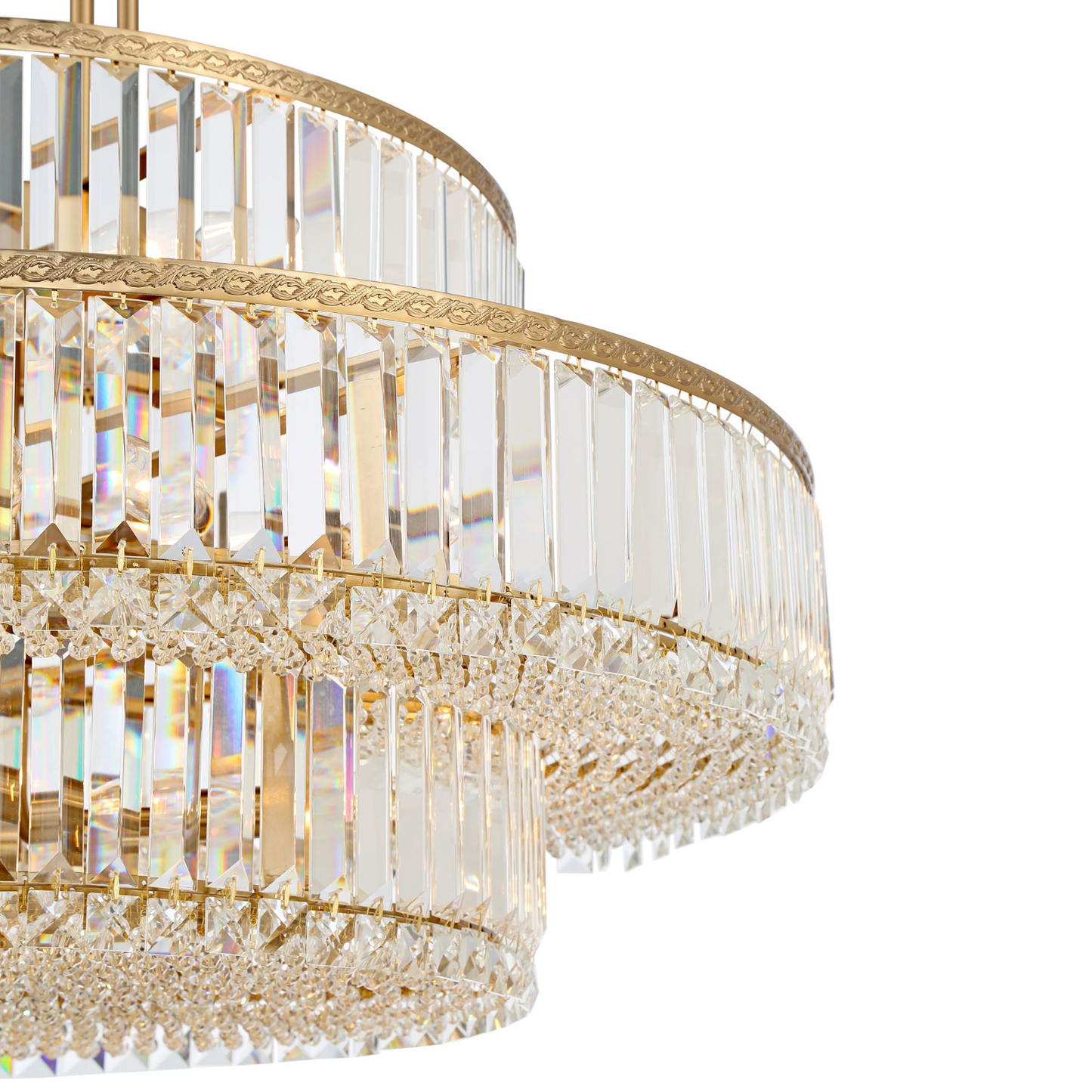 Chandelier / Lámpara Colgante De Tres Niveles Color Oro Suave & Cristal