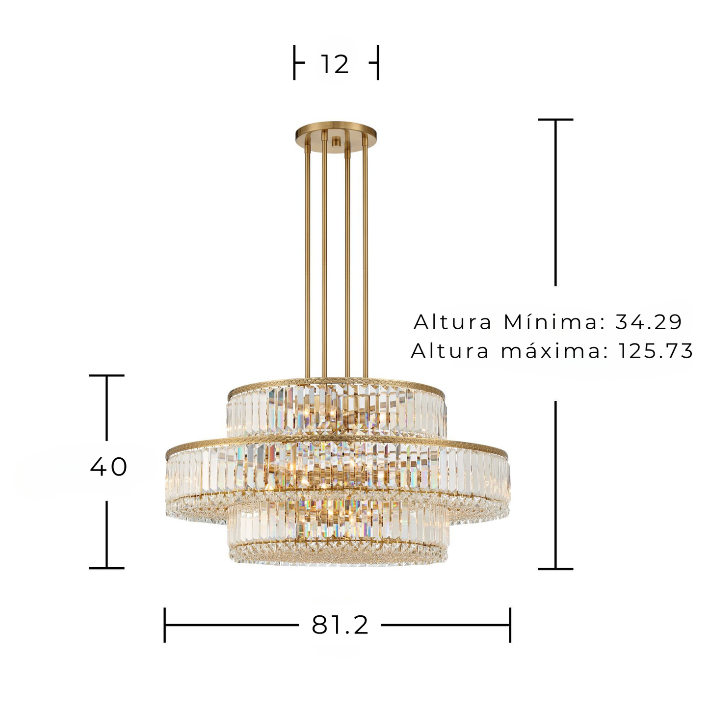 Chandelier / Lámpara Colgante De Tres Niveles Color Oro Suave & Cristal