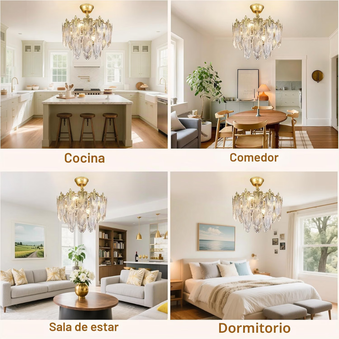 Lámpara de Techo con Ventilador Cristales Feuille Gold