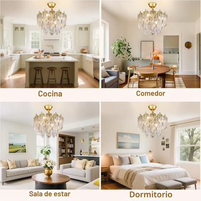 Lámpara de Techo con Ventilador Cristales Feuille Gold