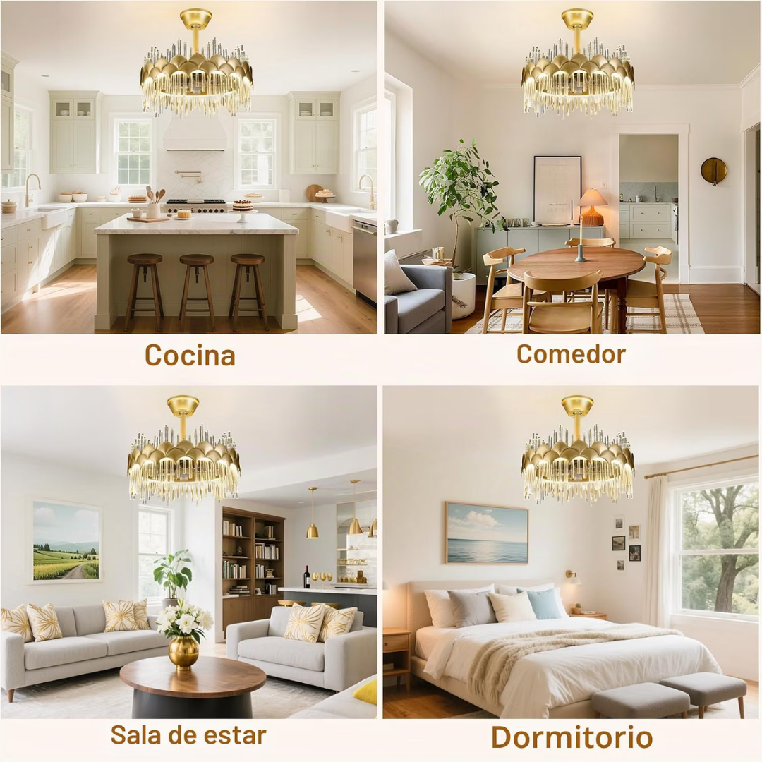 Lámpara de Techo con Ventilador Cristales Scallop Gold