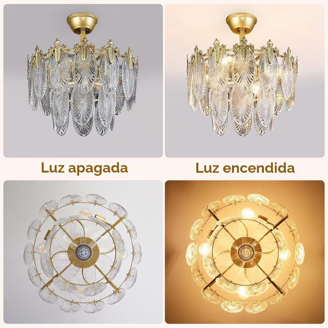 Lámpara de Techo con Ventilador Cristales Feuille Gold