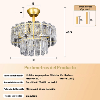 Lámpara de Techo con Ventilador Cristales Palazzo Gold