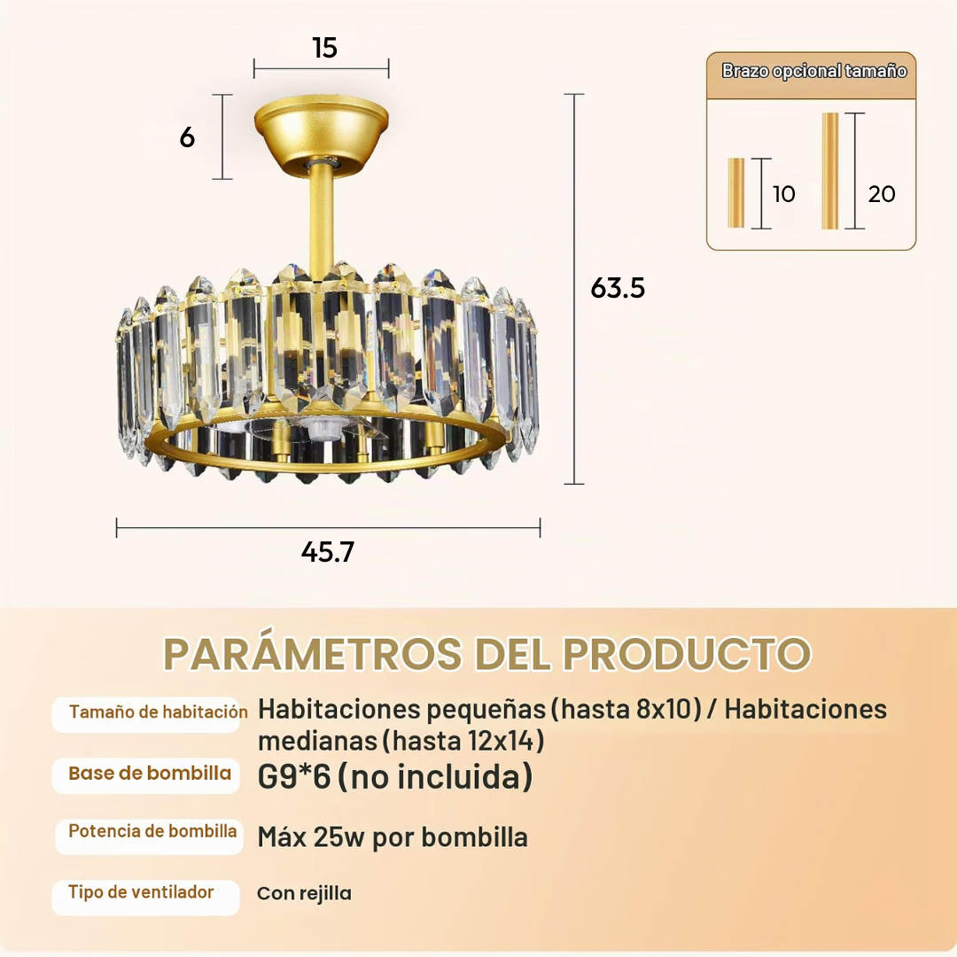 Lámpara de Techo con Ventilador Cristales Crown Gold