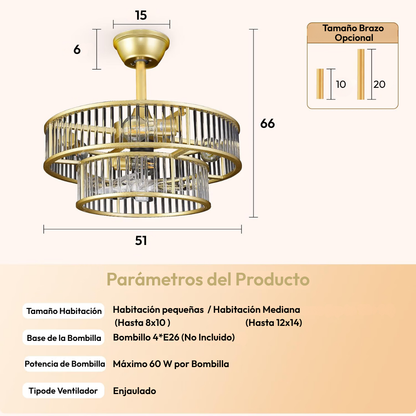 Lámpara de Techo con Ventilador Cristales Ópera Gold