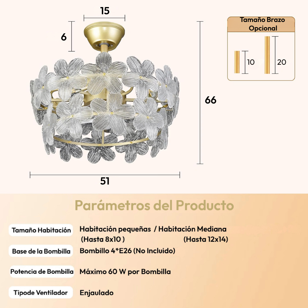 Lámpara de Techo con Ventilador Cristales Florale Gold