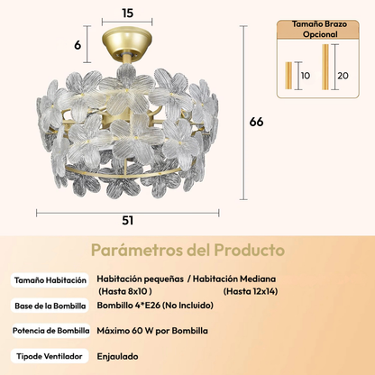 Lámpara de Techo con Ventilador Cristales Florale Gold