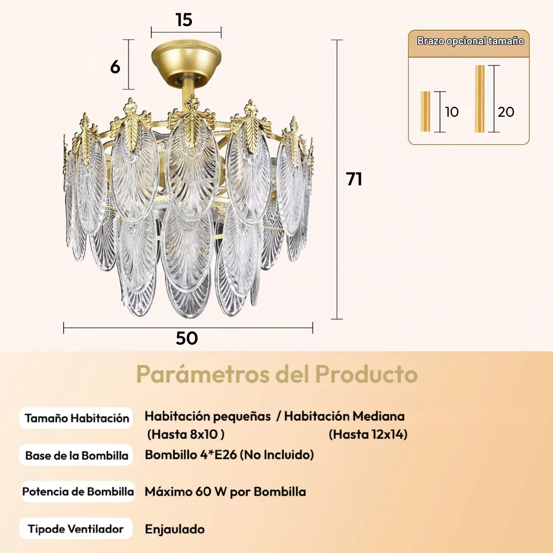 Lámpara de Techo con Ventilador Cristales Feuille Gold