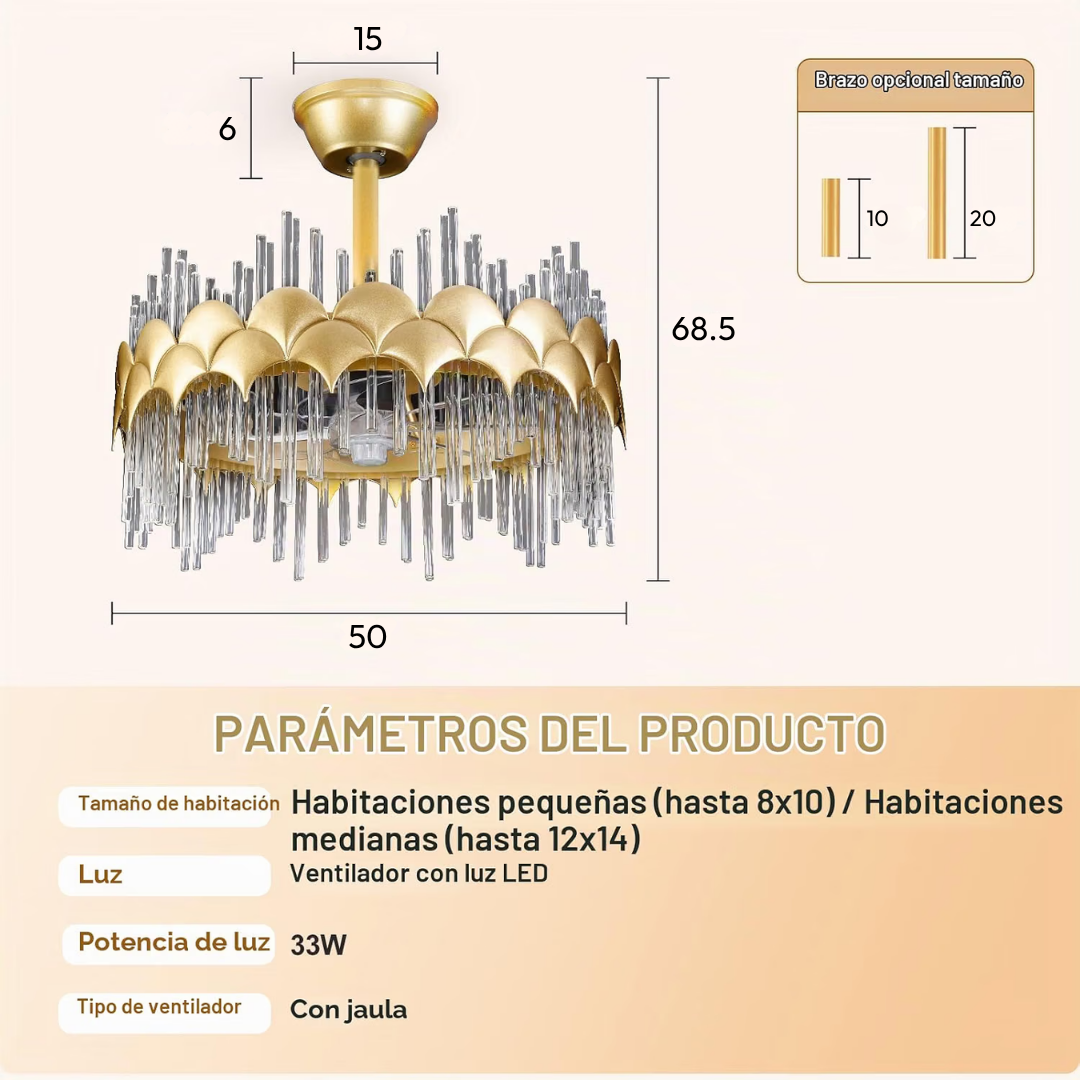 Lámpara de Techo con Ventilador Cristales Scallop Gold