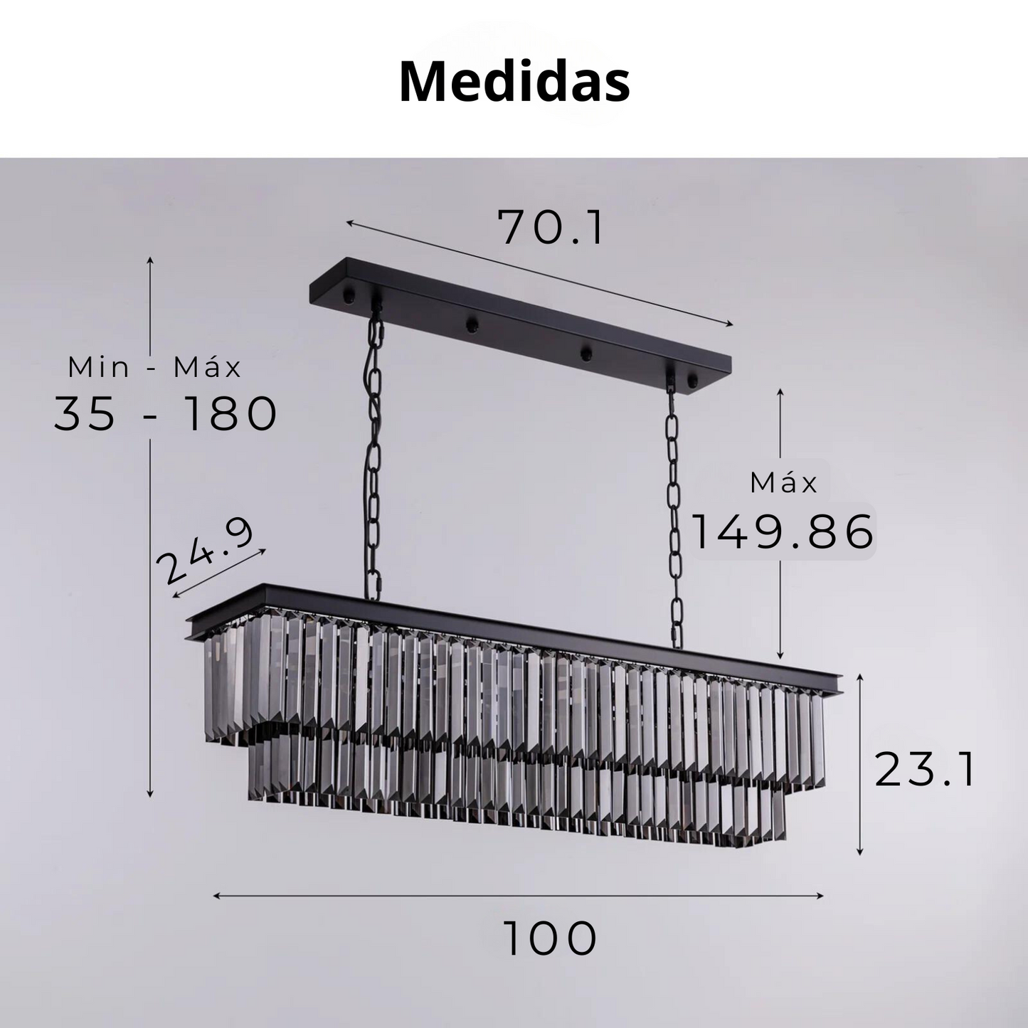 Chandelier / Lámpara Colgante Acabados Negro Mate & Cristal Gris