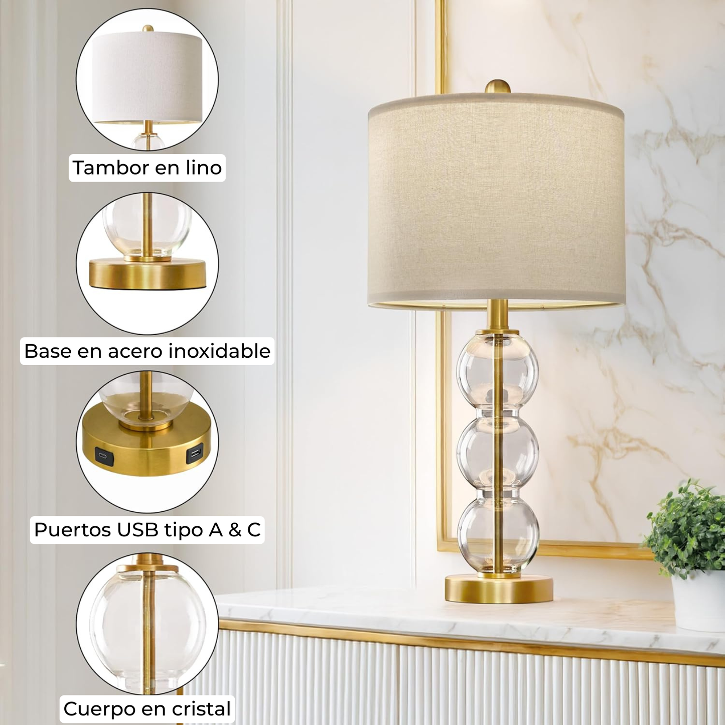 Lámpara de mesa Set x 2 Unidades En Cristal & Metal Dorado