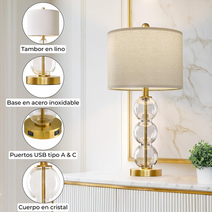 Lámpara de mesa Set x 2 Unidades En Cristal & Metal Dorado